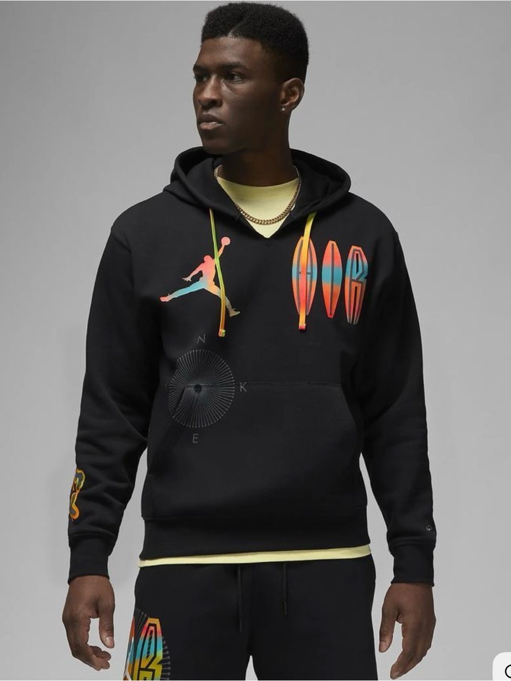 Jordan Black Crewneck Hoodie with Neon Rainbow Graphics